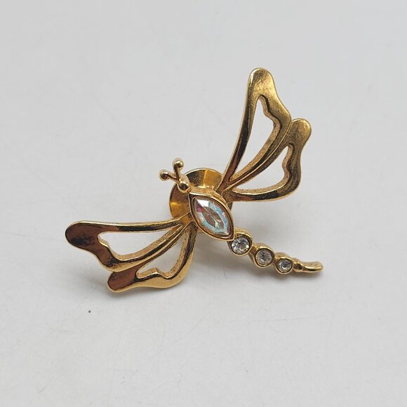 Vintage 1993 Avon Nature's Garden Rhinestone Dragonfly Tack Pin Gold Tone 1.5" - Picture 2 of 5